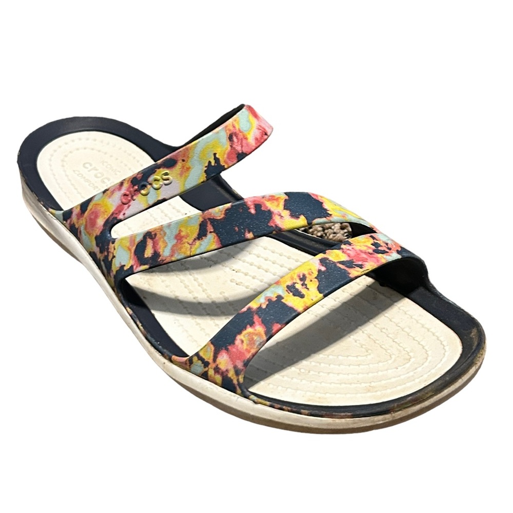 CROCS Women's Floral Colorful Navy Blue 3 Strap Rubber Outdoor Sandal-Size 10